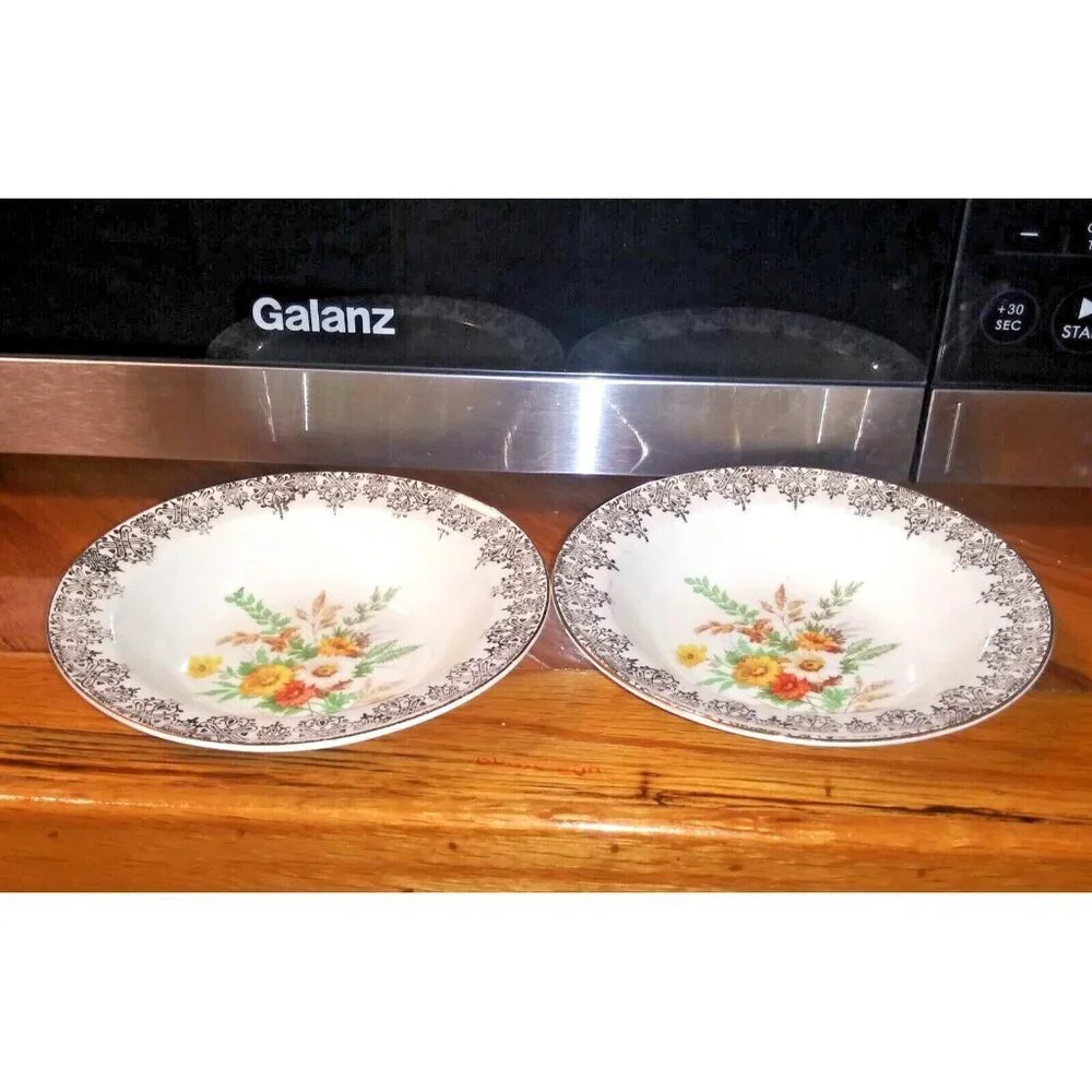 2 Vintage Edwin Knowles Floral Fruit Dessert Bowls beige orange Brown gold 1930s